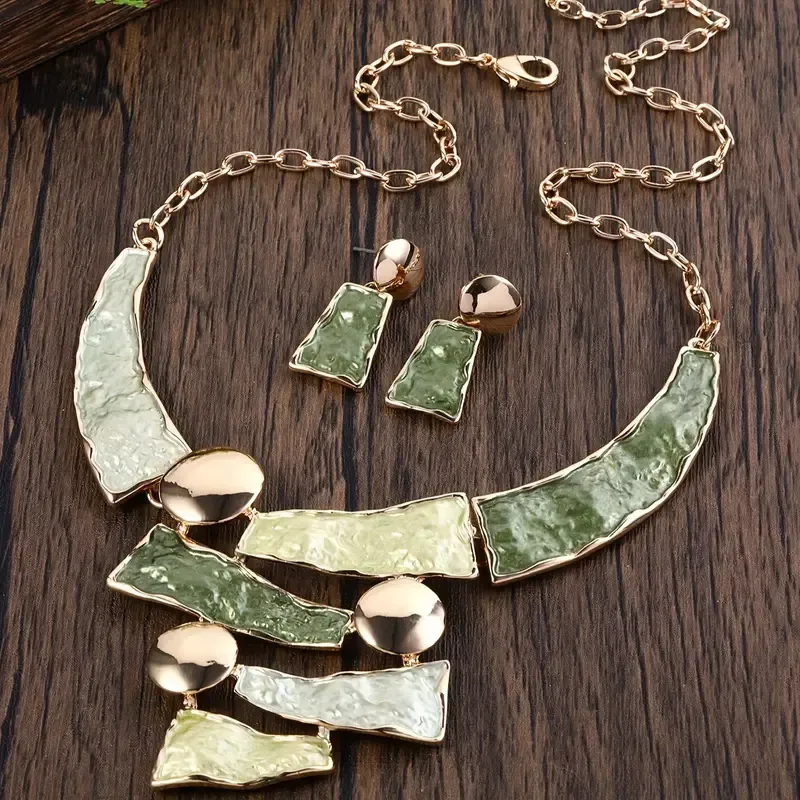 Olive green/Gold Abstract Necklace Set