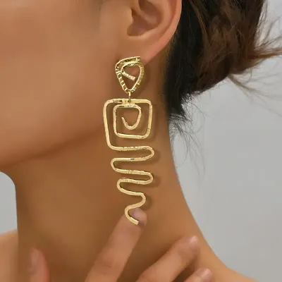 Golden Abstract Geometric Spiral Drop Earrings