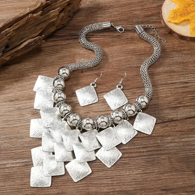 Brushed Silver Mesh Chain Layered Graduating Statement Set