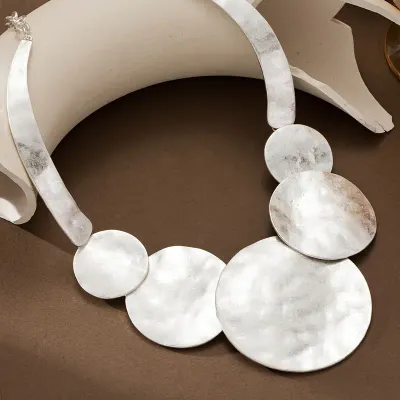Hammered Matt Silver Large Round Disc Statement Necklace