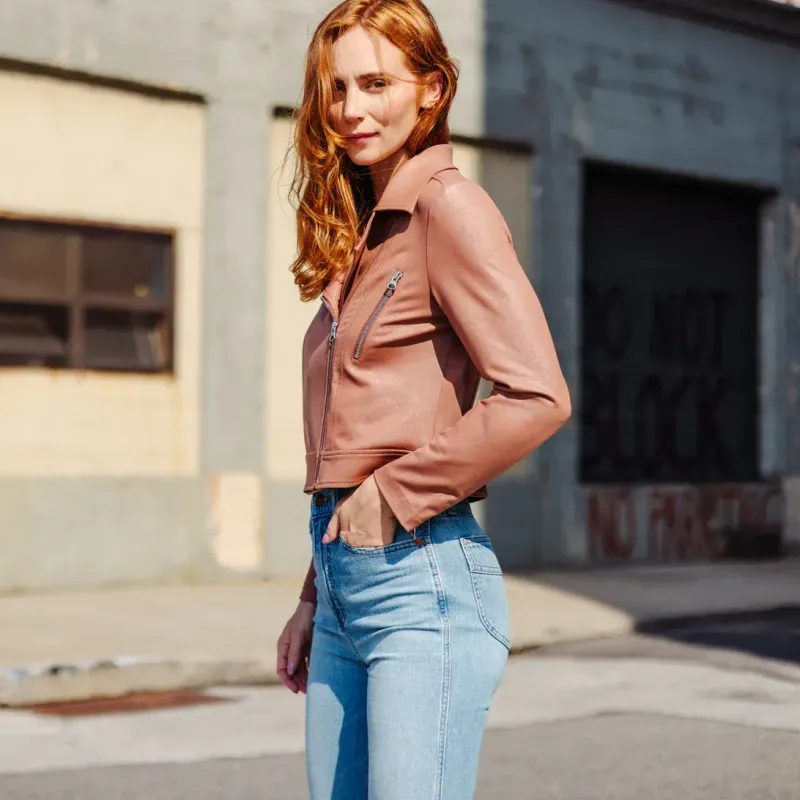 Camel Liquid Leather Zip Cuff Moto Waist Jacket