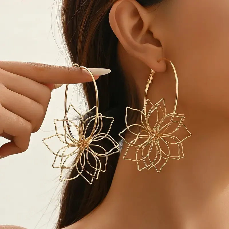 Large Gold Floating 3D Floral Statement Earrings Large Gold Floating 3D Floral Statement Earrings