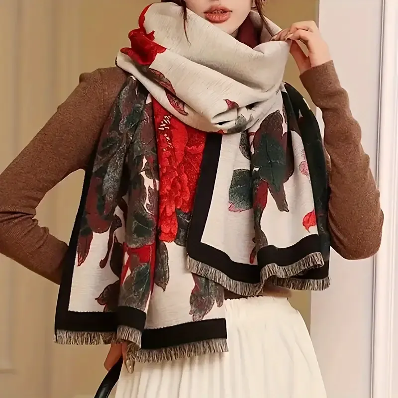 Red/Black/Beige Vintage Floral Jacquard Scarf