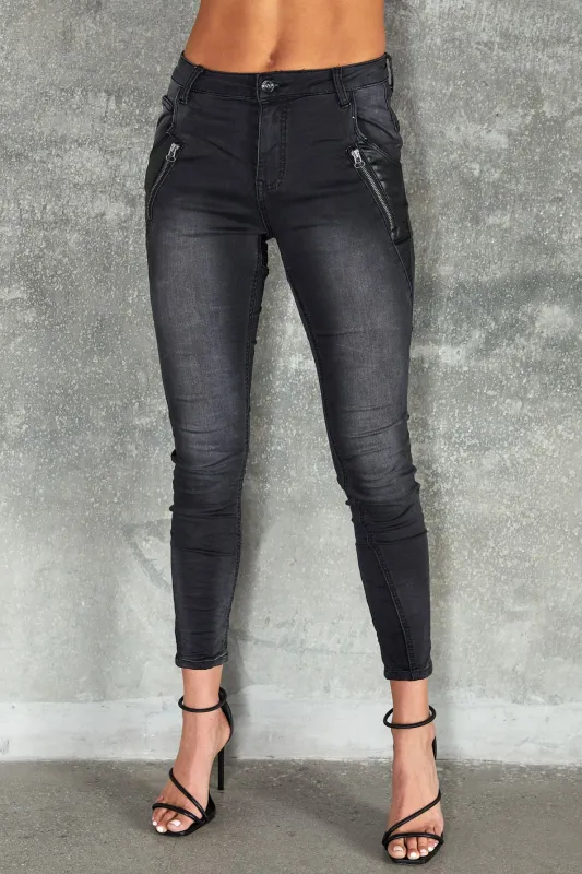 Italian Stone Washed Black Vegan Leather Jogger