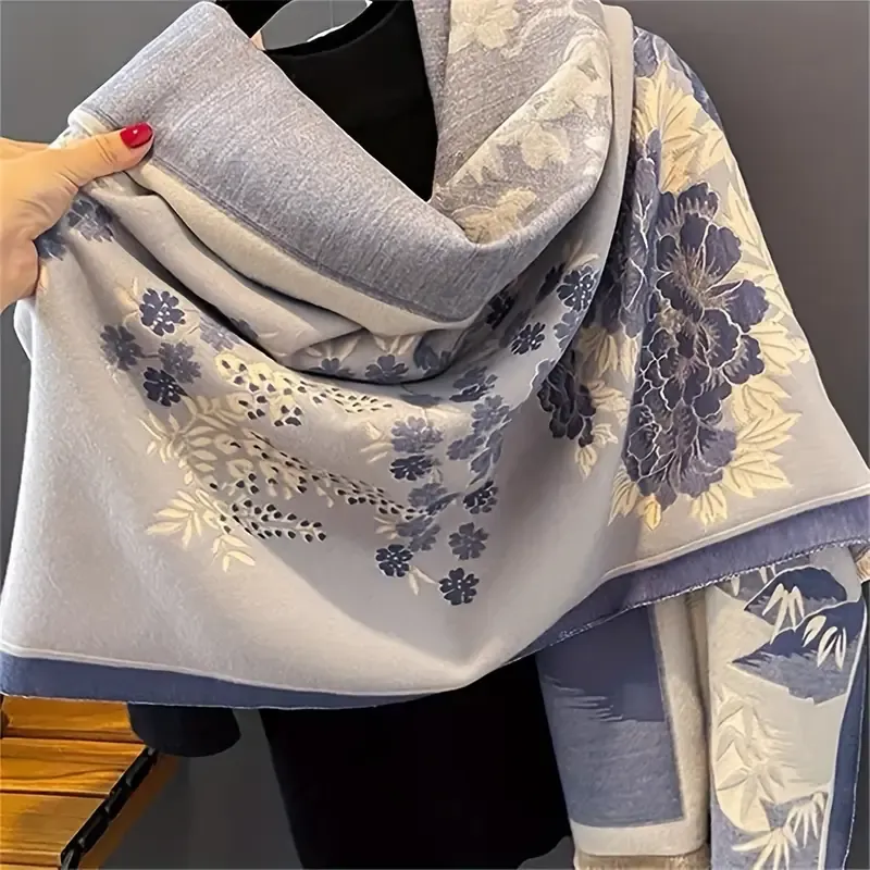 Dusty Blue/Cream Elegant Floral Jacquard Scarf/Shawl Dusty Blue/Cream Elegant Floral Jacquard Scarf/Shawl