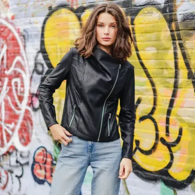 Black Liquid Leather™ Drape Neck Zip Jacket