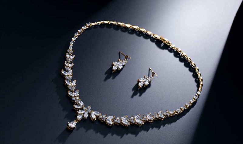 Gold/Clear AAA Cubic Zirconia Floral Marquise Formal Set