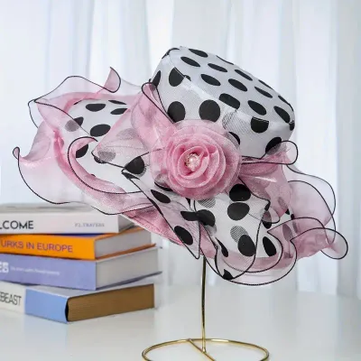 Polka Dot Organza Rose Accent Dressy Hat
