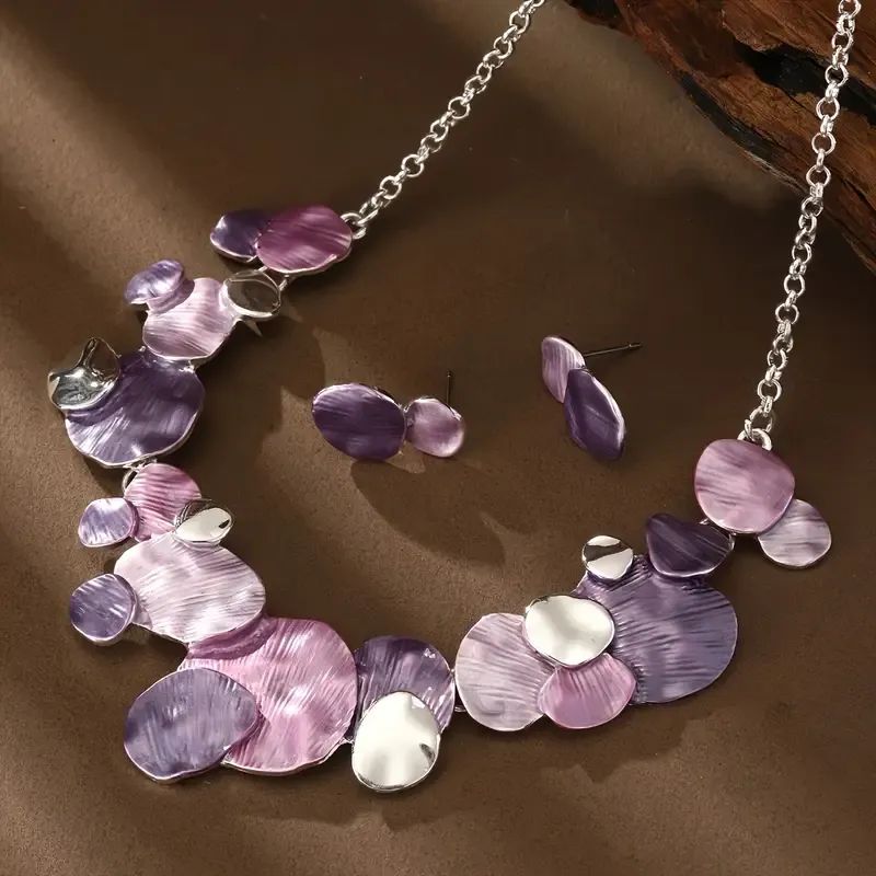 Purple Enamel Round Irregular Disc Necklace Set