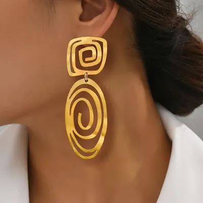 Golden Geometric Square And Oval Spiral Pattern Earrings