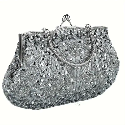 Grey/Silver Hardware Art Deco Vintage Beaded Evening Bag