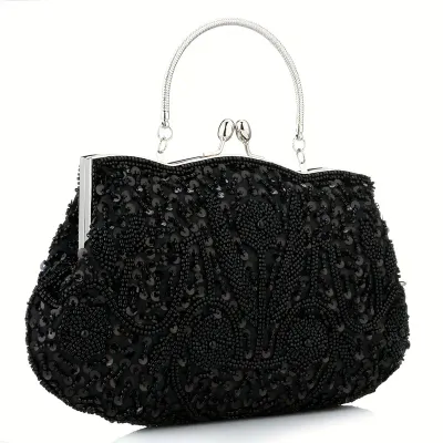 Black Silver Hardware Art Deco Vintage Beaded Evening Bag