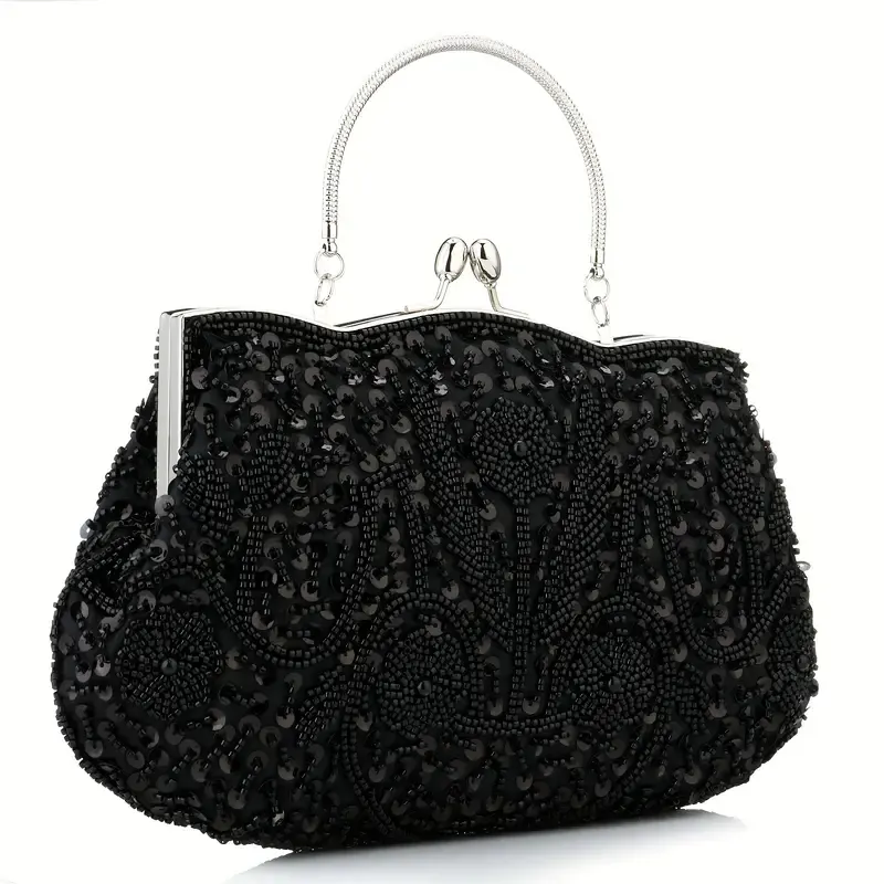 Black Silver Hardware Art Deco Vintage Beaded Evening Bag Black Silver Hardware Art Deco Vintage Beaded Evening Bag