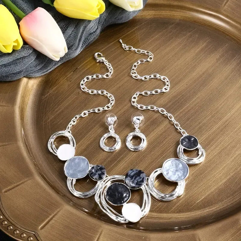 Silver Grey/White Epoxy Geometric Circular Hollow Design Set