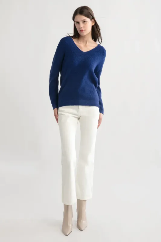 One Size V Neck Ribbed Knit Sweater