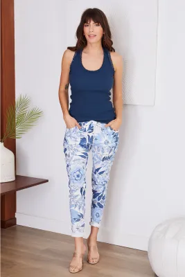 Italian Blue Tropical Print Crinkle Joggers