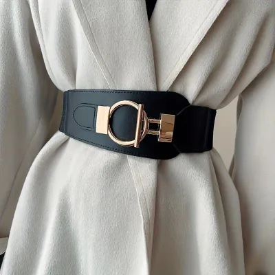 Black Vegan Leather Stretch Belt/Large Gold Toggle Closure