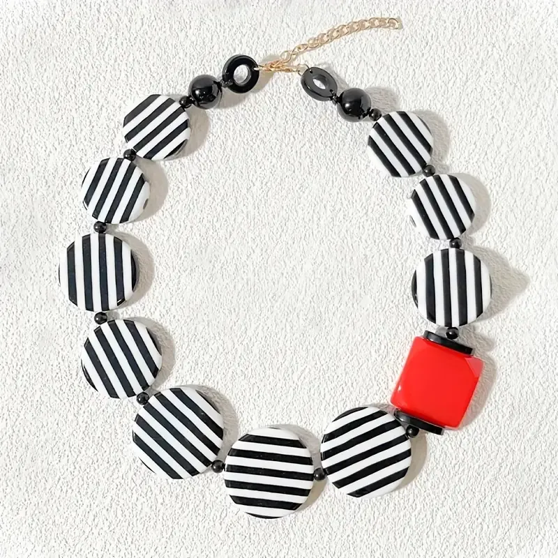 Black/White Striped Round Disc Necklace With A Touch of Red