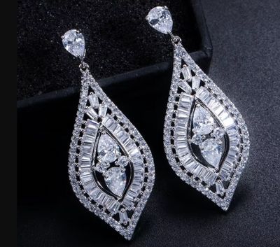 AAA Cubic Zirconias Baguette Halo Surround Drop Earrings