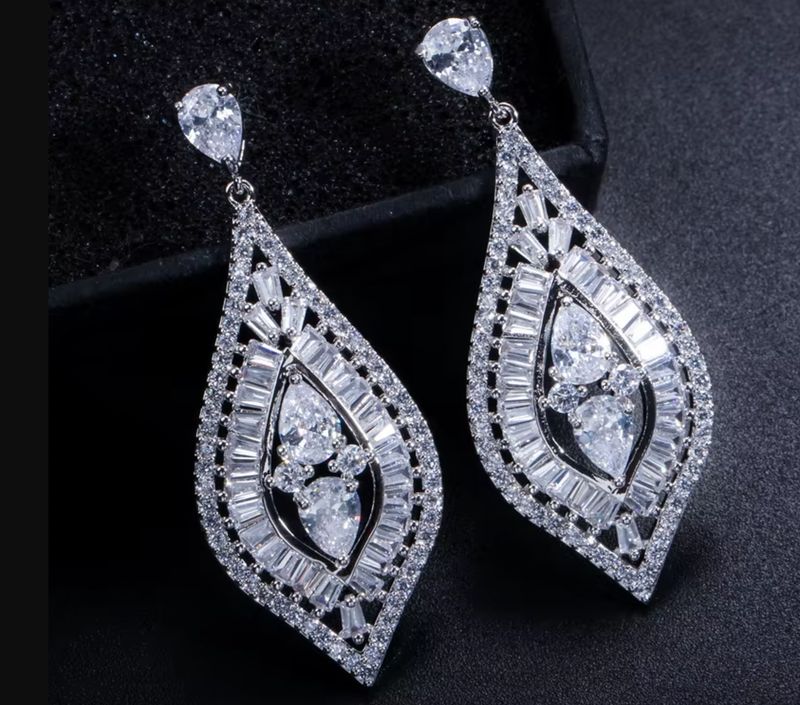 AAA Cubic Zirconias Baguette Halo Surround Drop Earrings AAA Cubic Zirconias Baguette Halo Surround Drop Earrings
