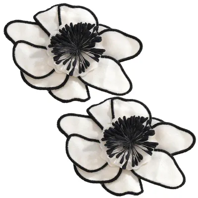 Large Cream/Black Light-Weight Fabric Flower Earrings