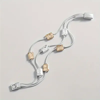 Multi Layer Silver Chain Magnetic Bracelet With Silver/Gold Squares