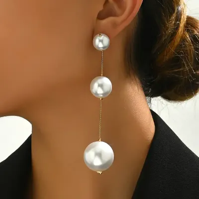 Large 3 Faux Pearl Drop Statement Earrings