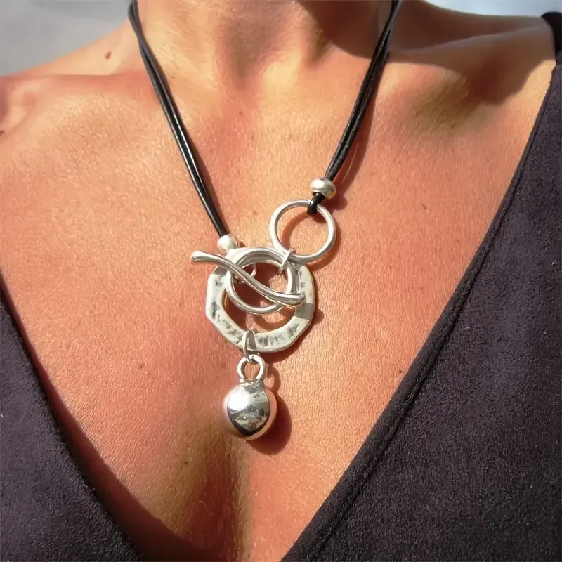 Black Cord/Silver Geometric Multiple Disc Interlocking Necklace