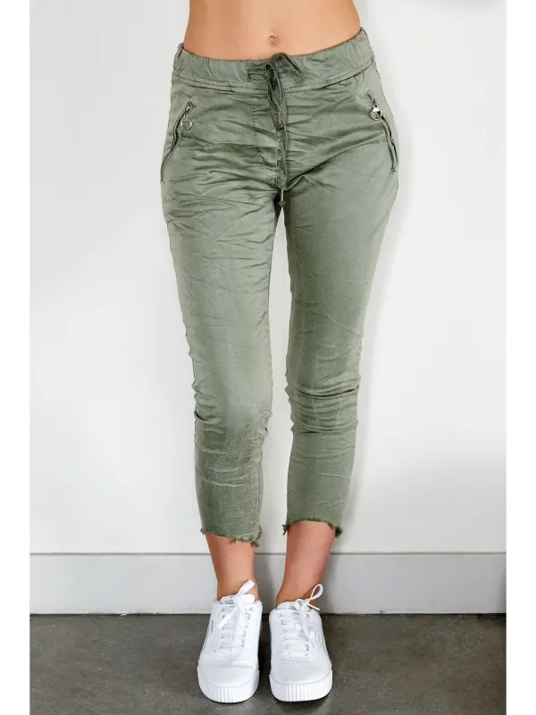 Army Green Italian Fringe Zipper Crinkle Jogger
