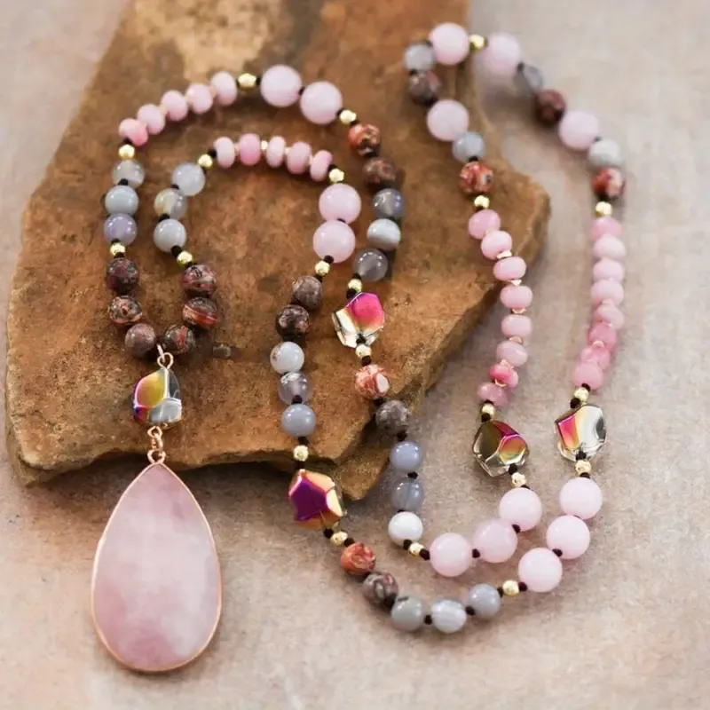 Semi-Precious Stone Pendant Necklace with Pink &amp; Purple Stones