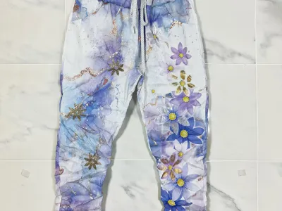 Italian Made Crinkle Floral Metallic Touch Jogger