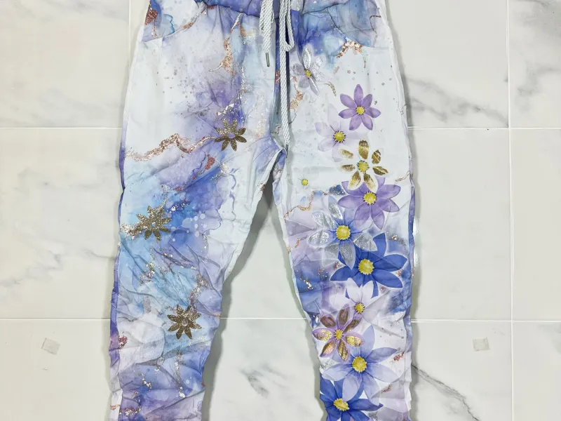 Italian Made Crinkle Floral Metallic Touch Jogger