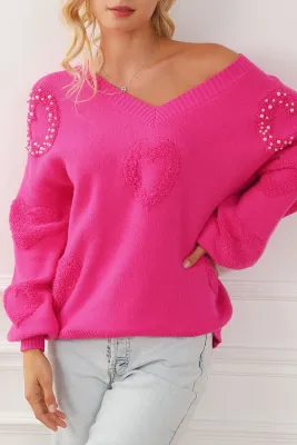 Hot Pink Pearl Embellished Hearts V Neck Sweater Hot Pink Pearl Embellished Hearts V Neck Sweater