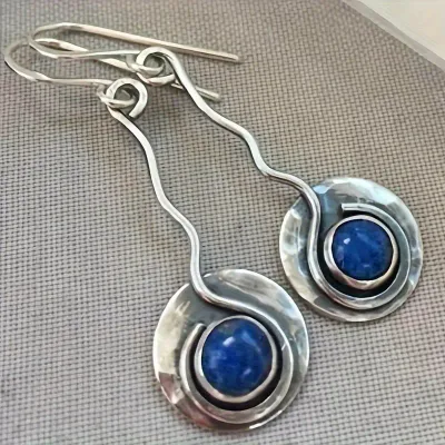 Vintage Handcrafted Curved Blue Stone Drop Dangle Earrings