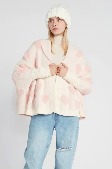 Ivory Cape Cardigan With Pink Sherpa Hearts Ivory Cape Cardigan With Pink Sherpa Hearts