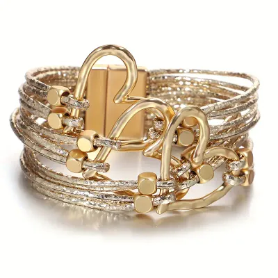  Gold-Tone Charm and Heart Lock Closure Multi Strap Bracelet