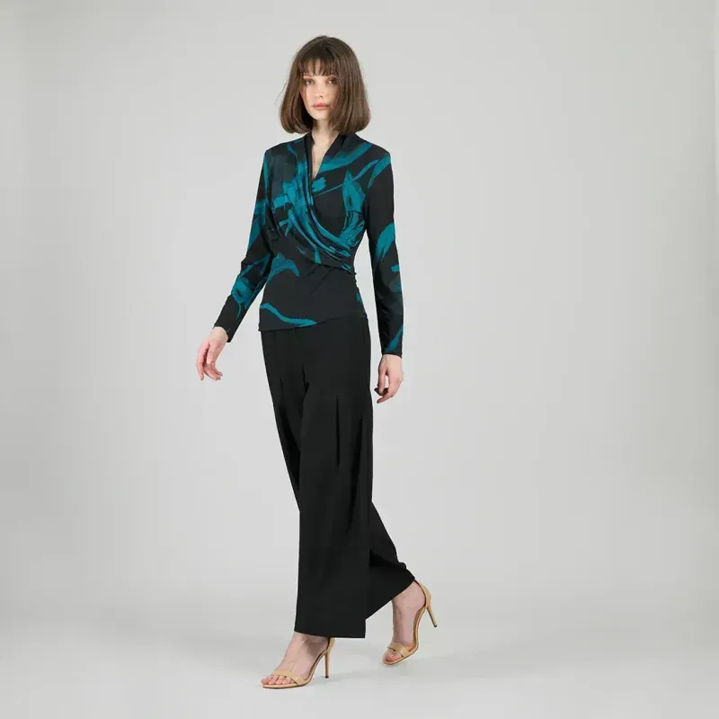 Floral Eclipse V-Neck Draped Pleat Top