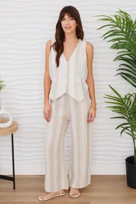 Beige Stripe Flat Front Linen Pant