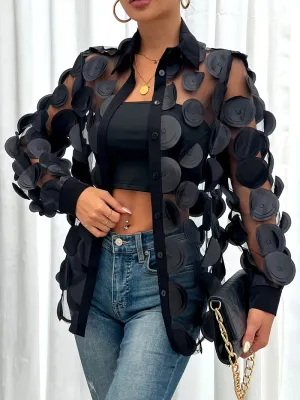 Black Sheer Top with Raised Circle Fabric