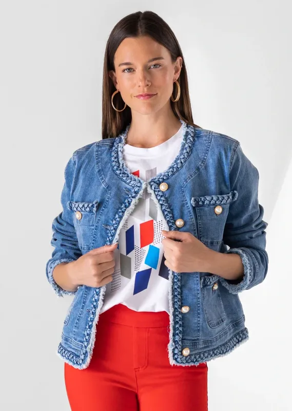 Lisette 21.5" Distressed Pearl Accent Denim Jacket Lisette 21.5" Distressed Pearl Accent Denim Jacket