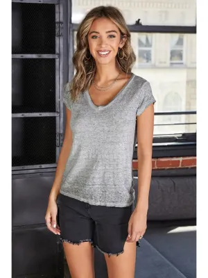 Mineral Wash Italian Linen Short Sleeve V Neck Tee