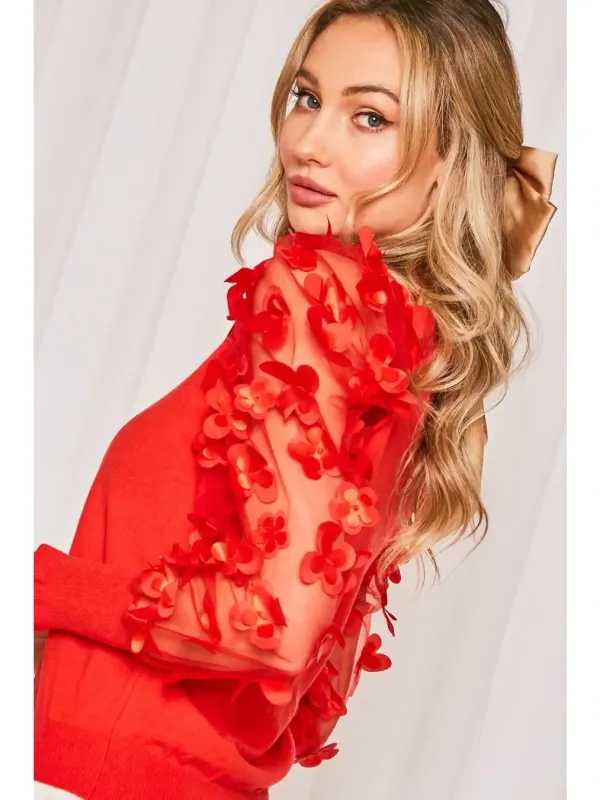 Red Organza Flower Soft Thin Knit Top