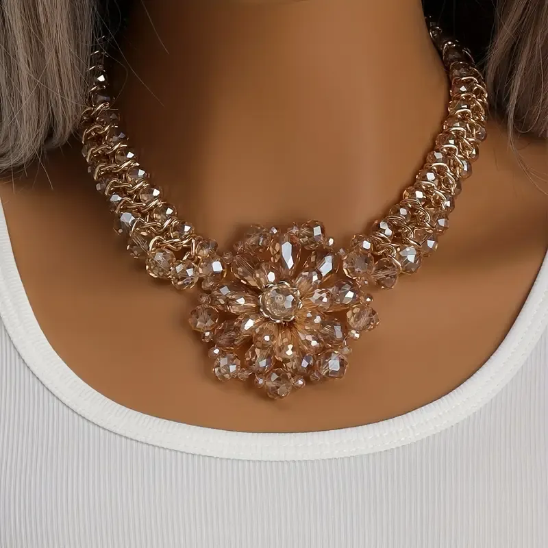 Gorgeous Champagne Crystal Floral Necklace 