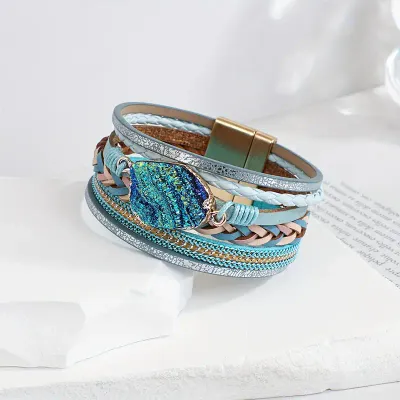 Aqua Blue Druzy Stone Multi Strap Magnetic Bracelet