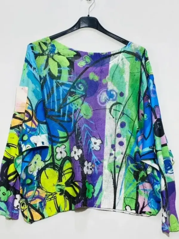 Italian Purple Floral Round Knit Printed Sweater