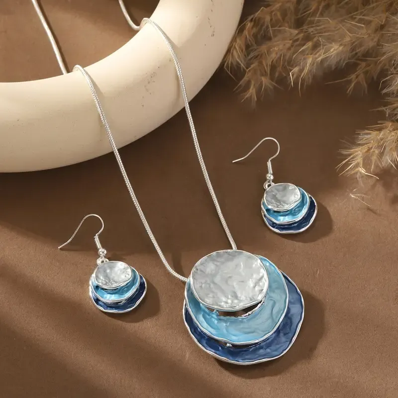 Shades Of Blue/Silver Round Multi Layered Disc Necklace Set