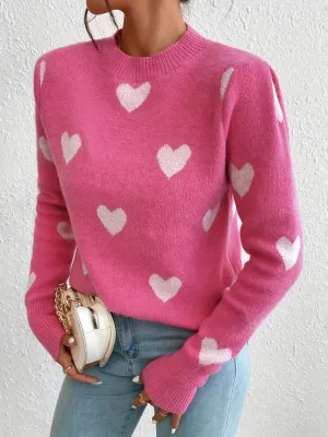 Soft Pink Heart Print Crew Neck Pullover Sweater
