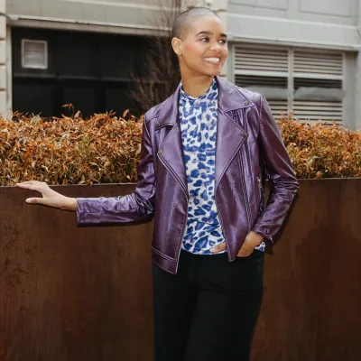 Plum Liquid Sheen Plush Moto Zip Jacket