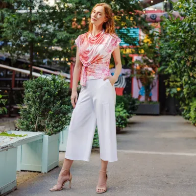 White Rayon-Ponte Knit Pleated Gaucho Pocket Pant