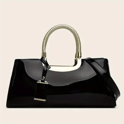 Black Vegan Patent Leather Gold Braid Handle Handbag